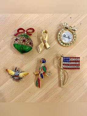 Assorted Gold-Tone Enamel Pin Lot - Holiday, Ribbon, Mother, Flag & Bird Designs